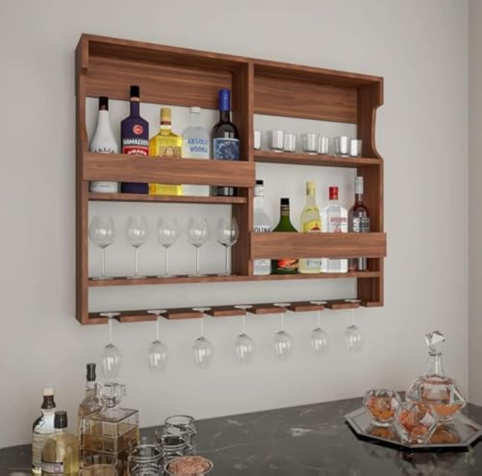 Wooden Wall Mounted Wine Rack with Glass Storage